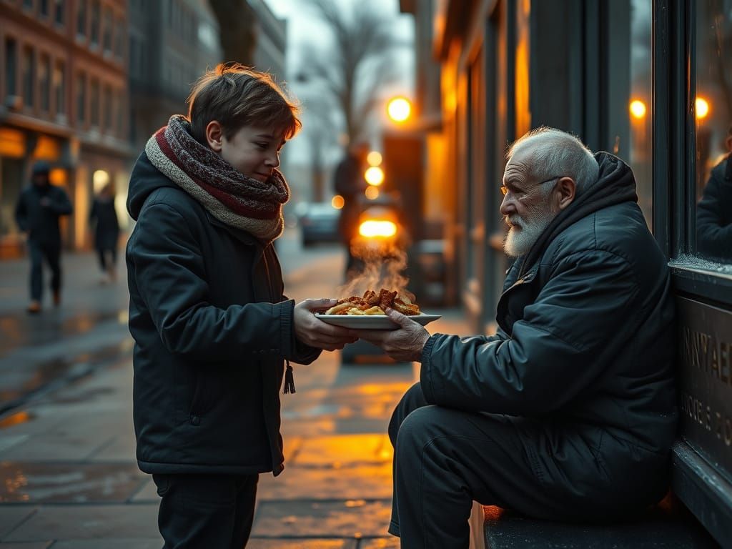 Teenager Offers Food to Homeless Person in Cinematic Style