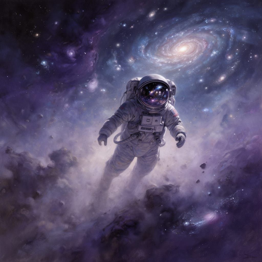 Astronaut Adrift in Cosmic Nebula, Galaxy Reflections