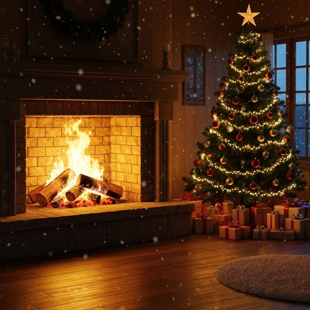 Cozy Christmas Eve Fireplace Scene with Snow