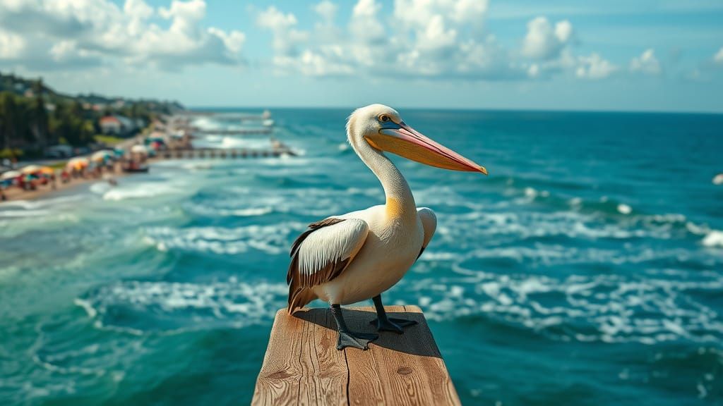 Joyful Pelican Overlooks Ocean Bay