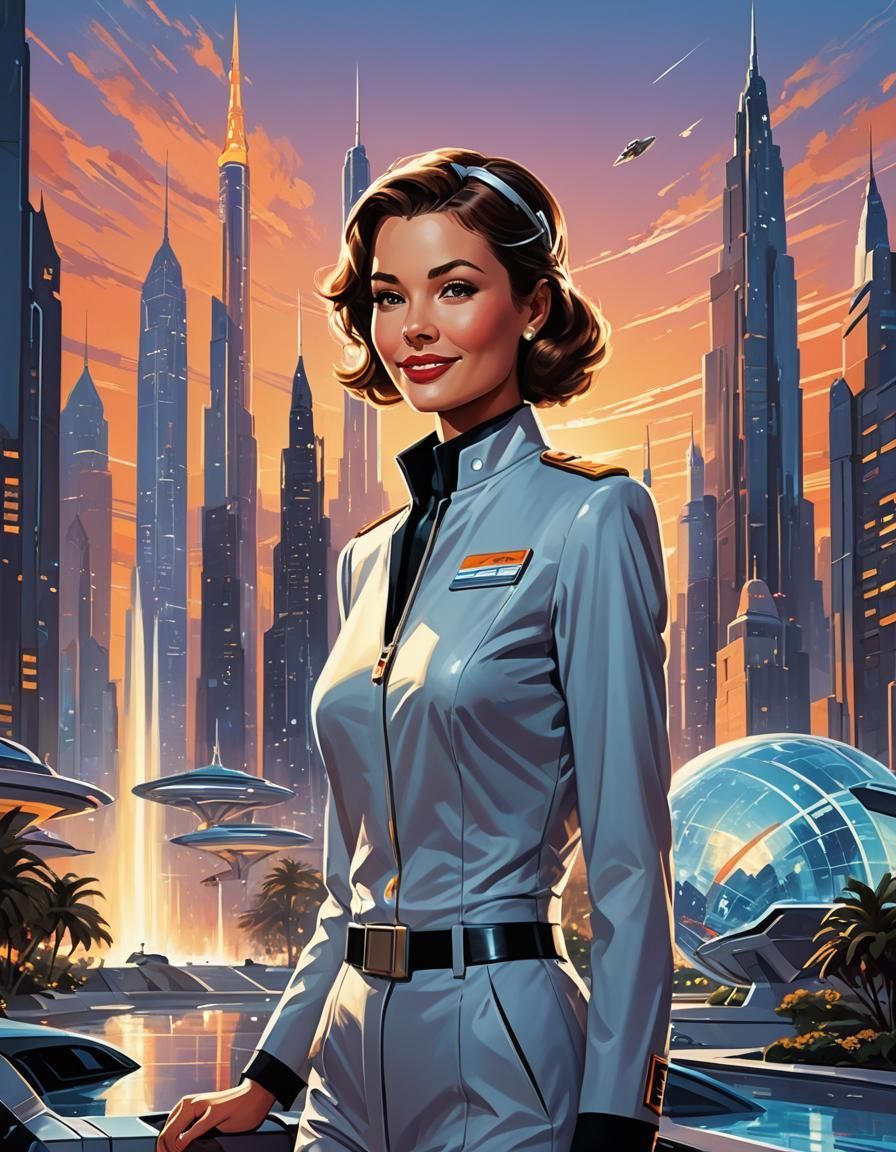 Retro-Futuristic Travel Poster with Smiling Stewardess