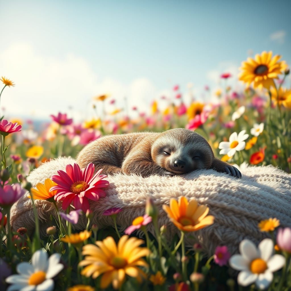 Hyperrealistic Baby Sloth Sleeping in Flower Field