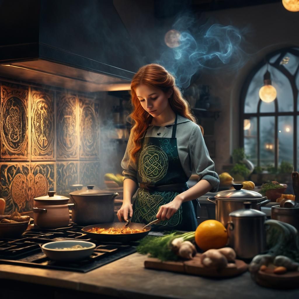 Celtic Woman and Mythical Creature in Modern Kitchen