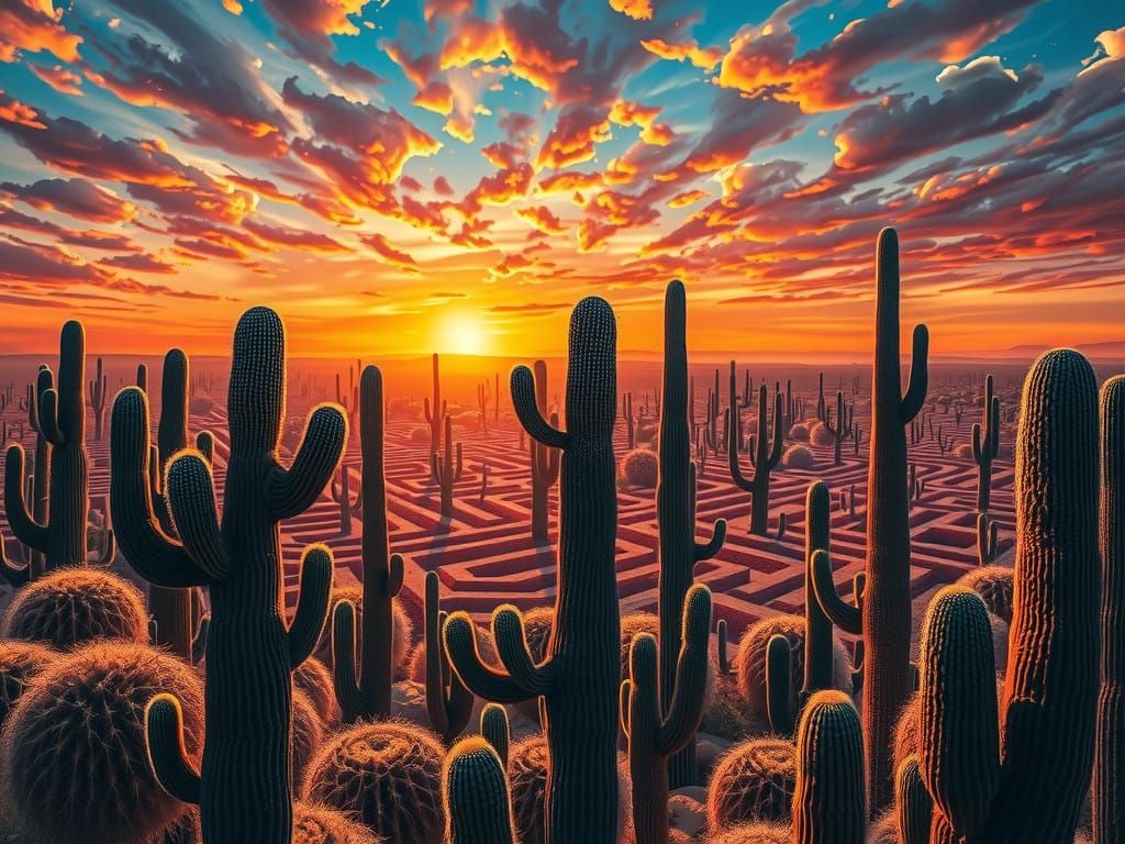 Surreal Desert Landscape in Escher Style with Gnarled Cacti