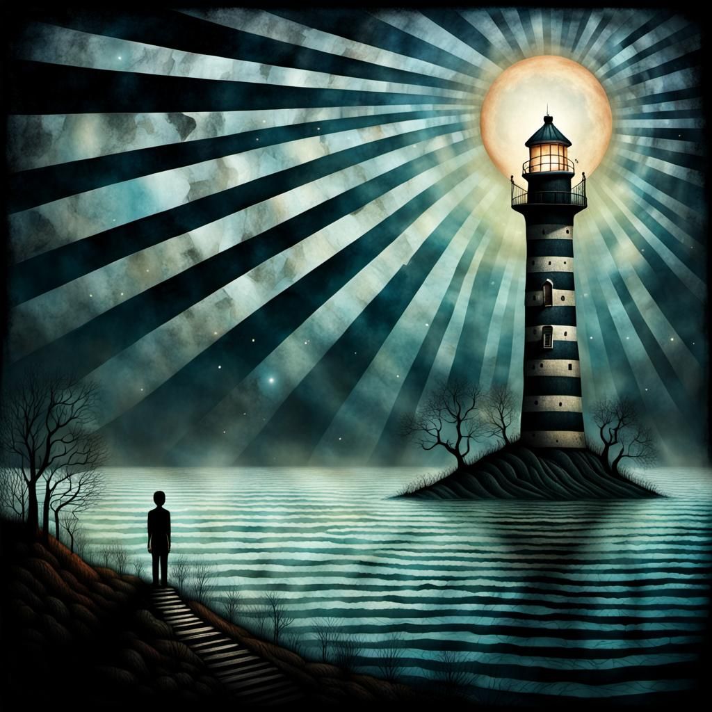 Ethereal Dreamscape with Glitchy Lighthouse