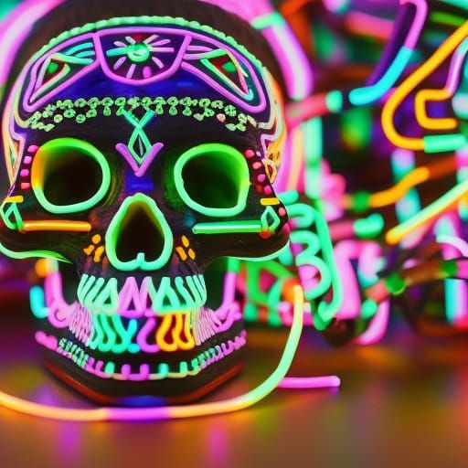 Neon Mexican Skull with Geometric Hyeroglyphs
