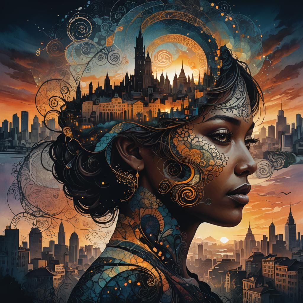 Double exposure. Main image is the silhouette of a woman's head, inside the silhouette is a beautiful city landscape at ...