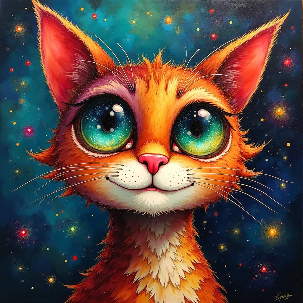 Optimistic Feline Portrait in Vibrant Abstract Expressionism
