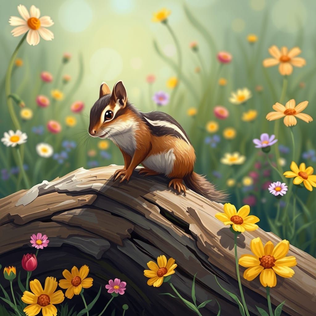 Playful Chipmunk in a Vibrant Wildflower Garden