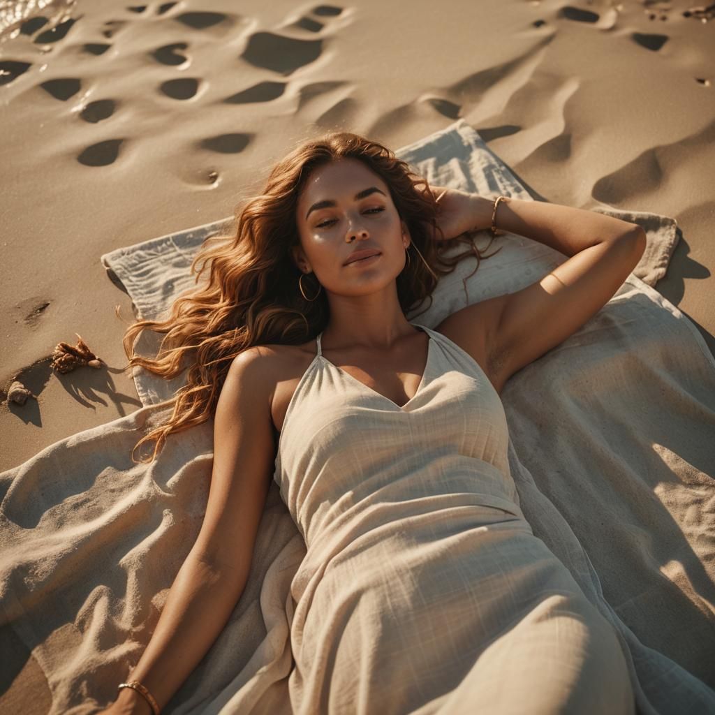 Woman Basks in Warm, Golden Light on a Sun-Kissed Beach