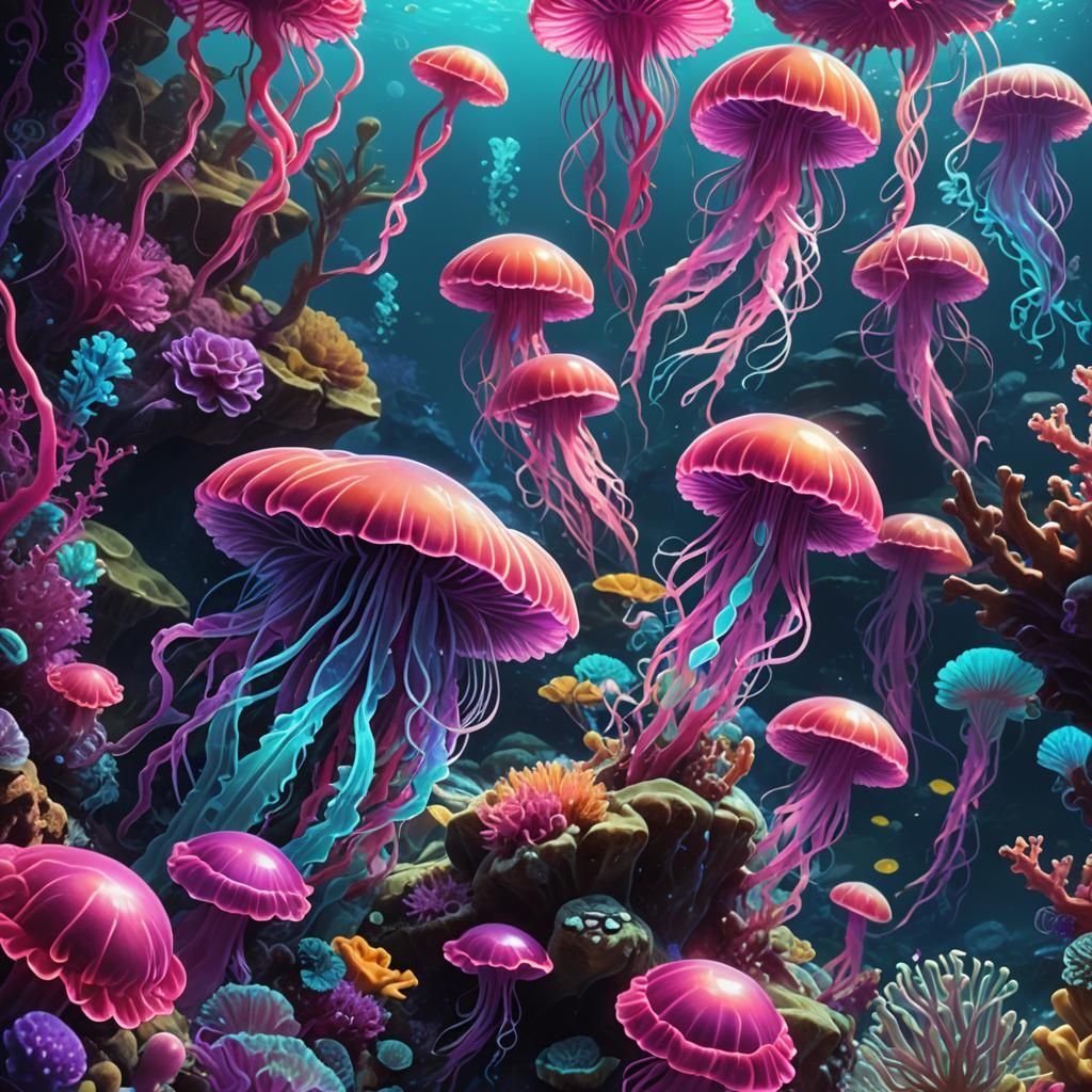 Vibrant Fantasy Undersea Plants and Corals Illustration