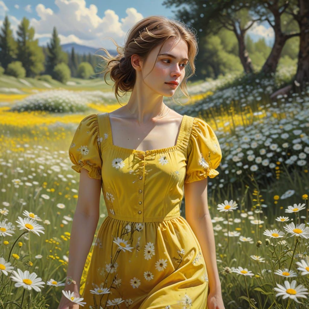 Surreal Summer Landscape with Daisies and Cherry Blossoms in...