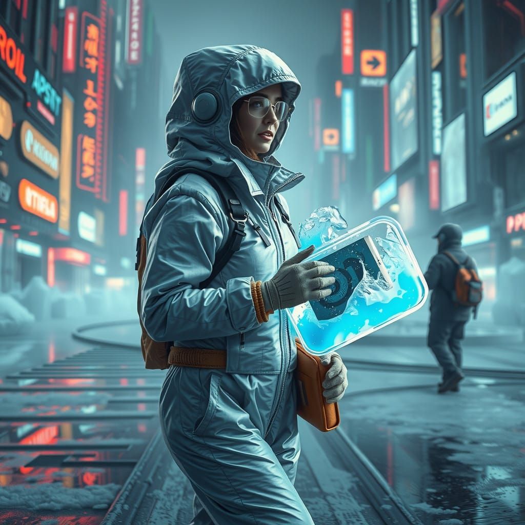 Futuristic Postwoman Delivers Cryogenic Package in Neon City