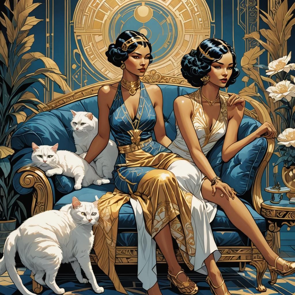 Art Deco Woman with Cat in Blue and Gold