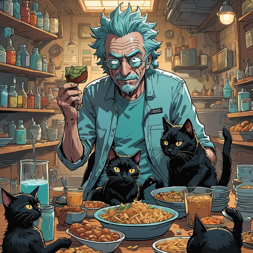 Rick Sanchez Feeding a Cat: Comic Book Art