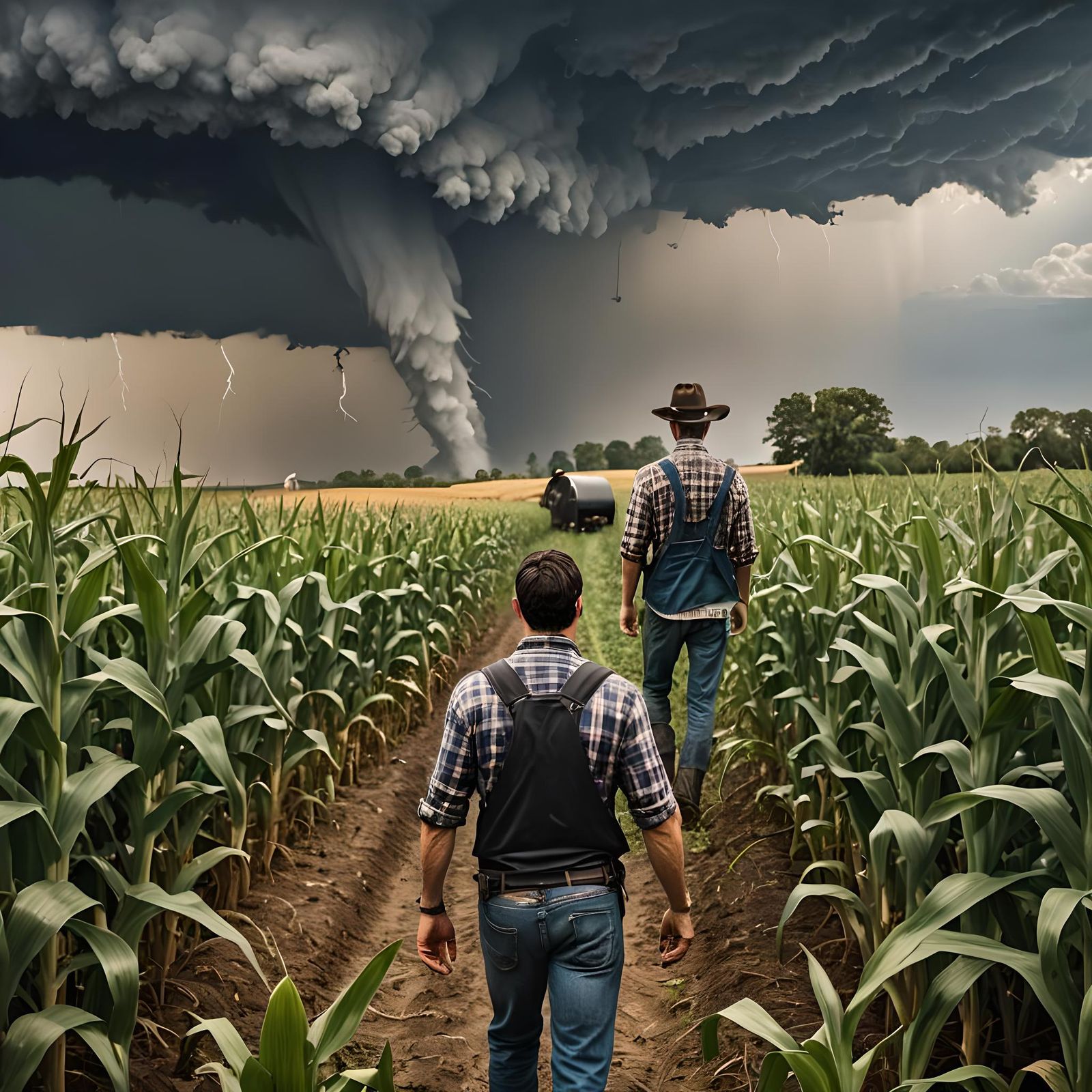 Tornado Approaching Farmer in Cornfield