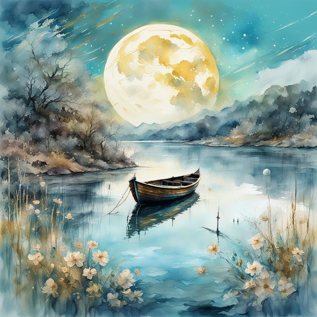 Pastel Moonlit Lake Landscape in Watercolor Style
