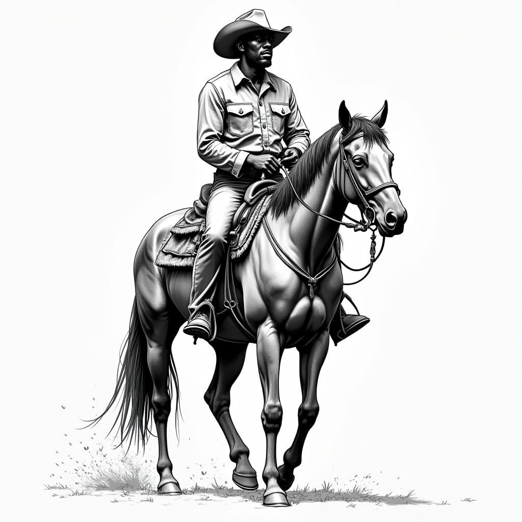 Ink Drawing of a Black Cowboy on Horseback in a Vivid Wester...