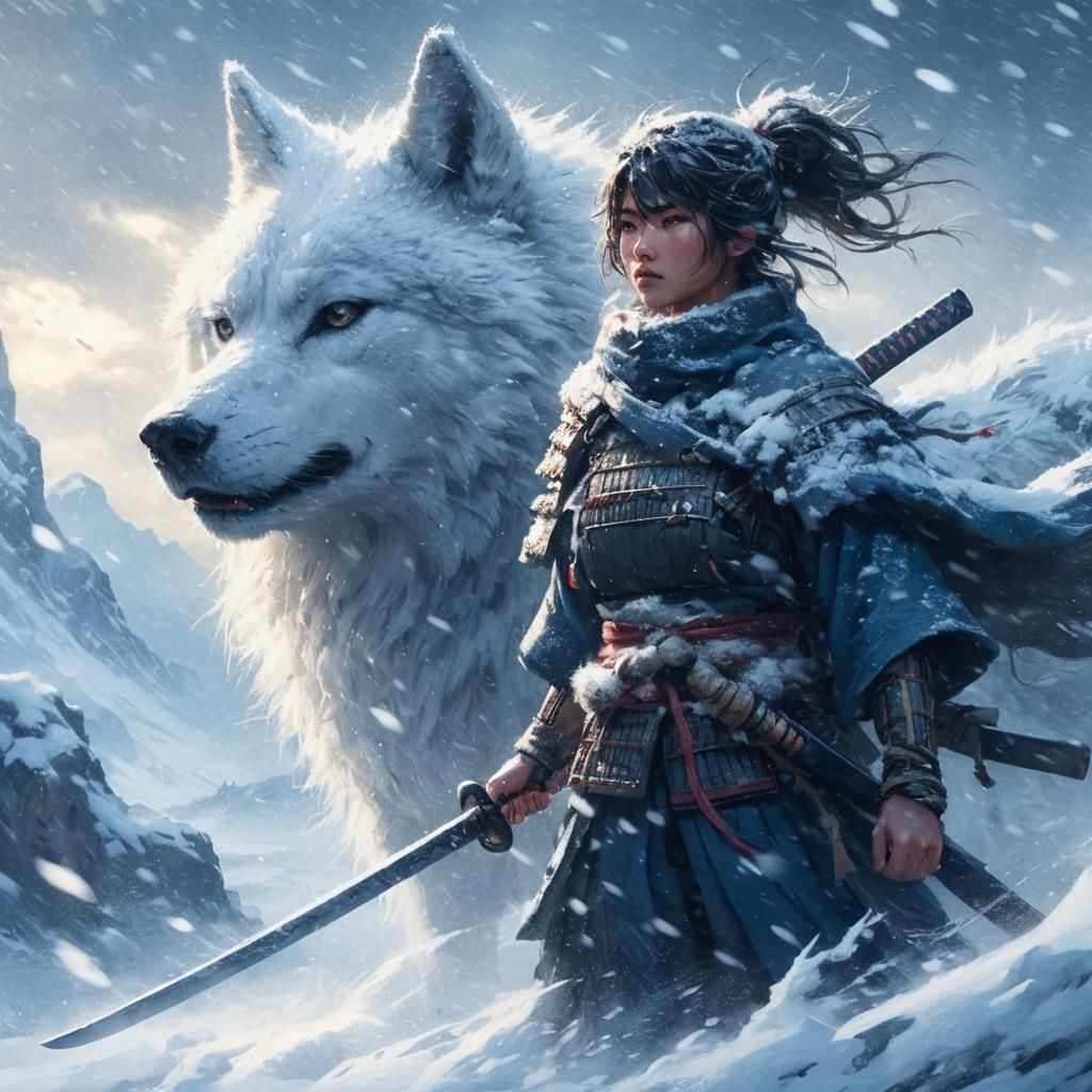 Fierce young warrior and faithful friend in snow blizzard