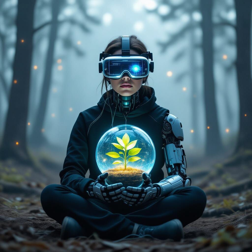Cybernetic Figure in Foggy Forest with Glowing Plant Heart