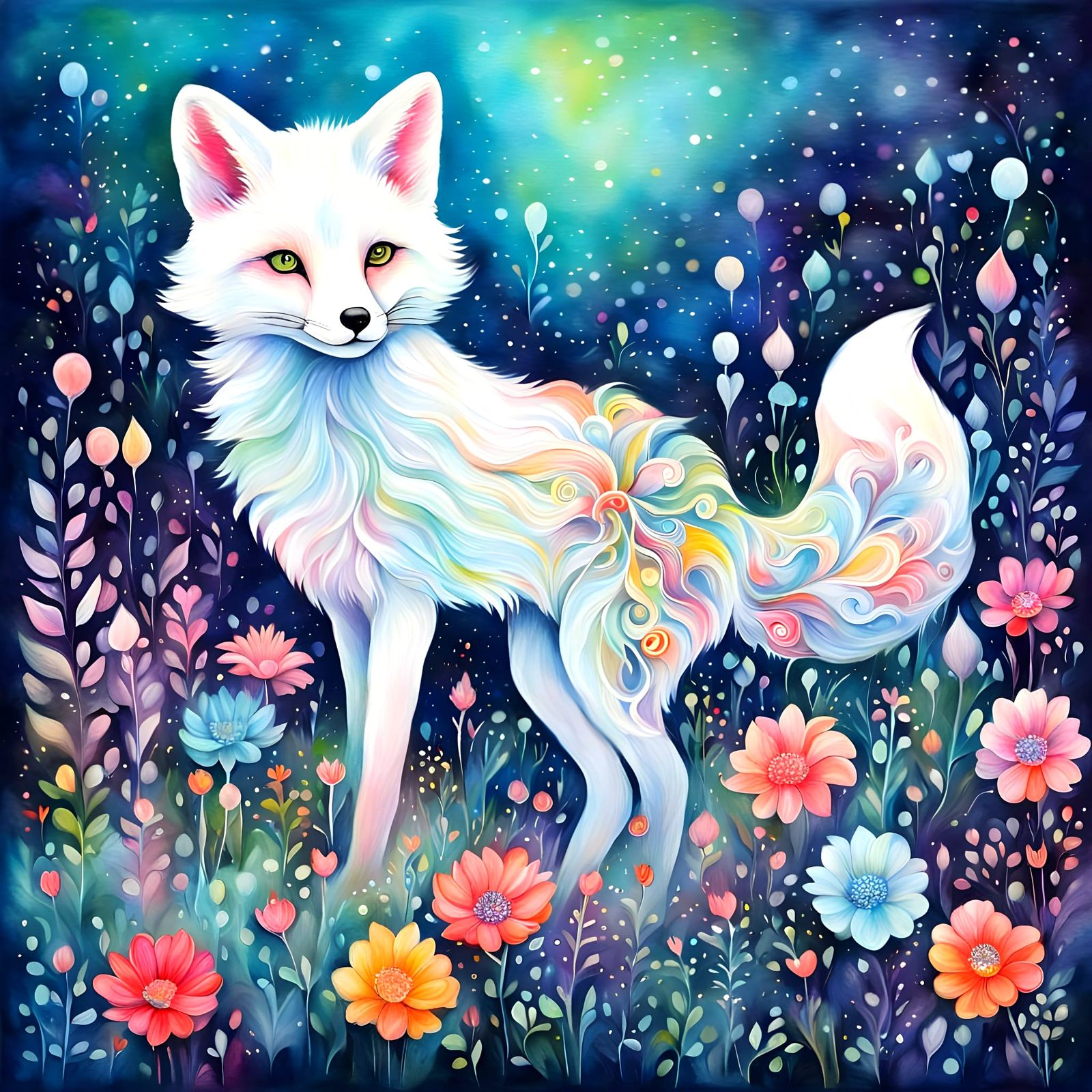 Whimsical White Fox in a Vibrant Garden Wonderland