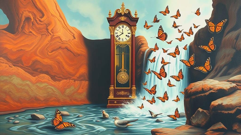 Surreal Grandfather Clock with Birds and Butterflies