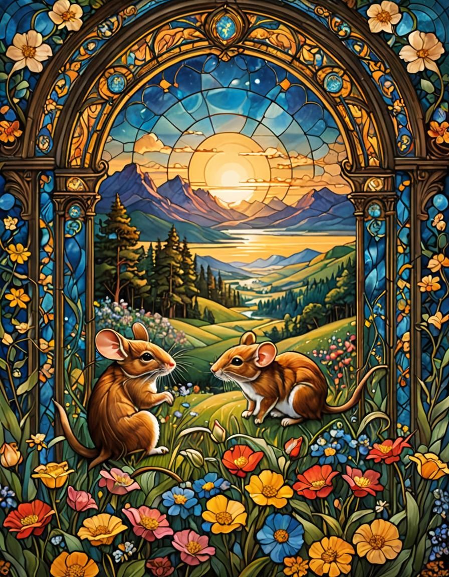 Stained Glass Mice in a Flower Field