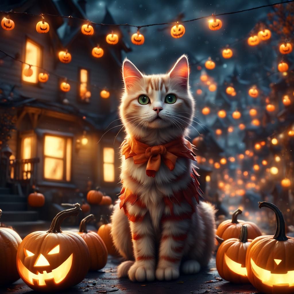 Cute Halloween Cat in Suburb Street: Matte Painting