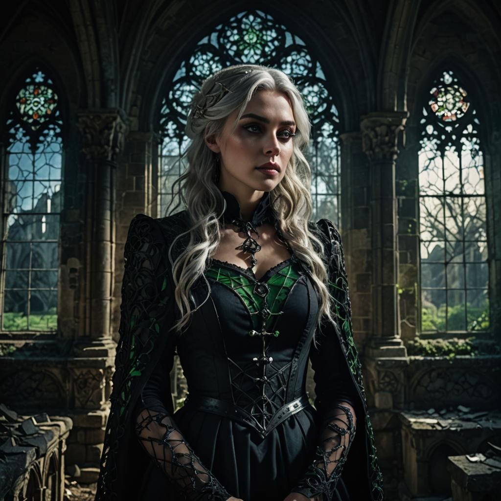 Gothic Romance: Silver-Haired Woman in Ruined Abbey