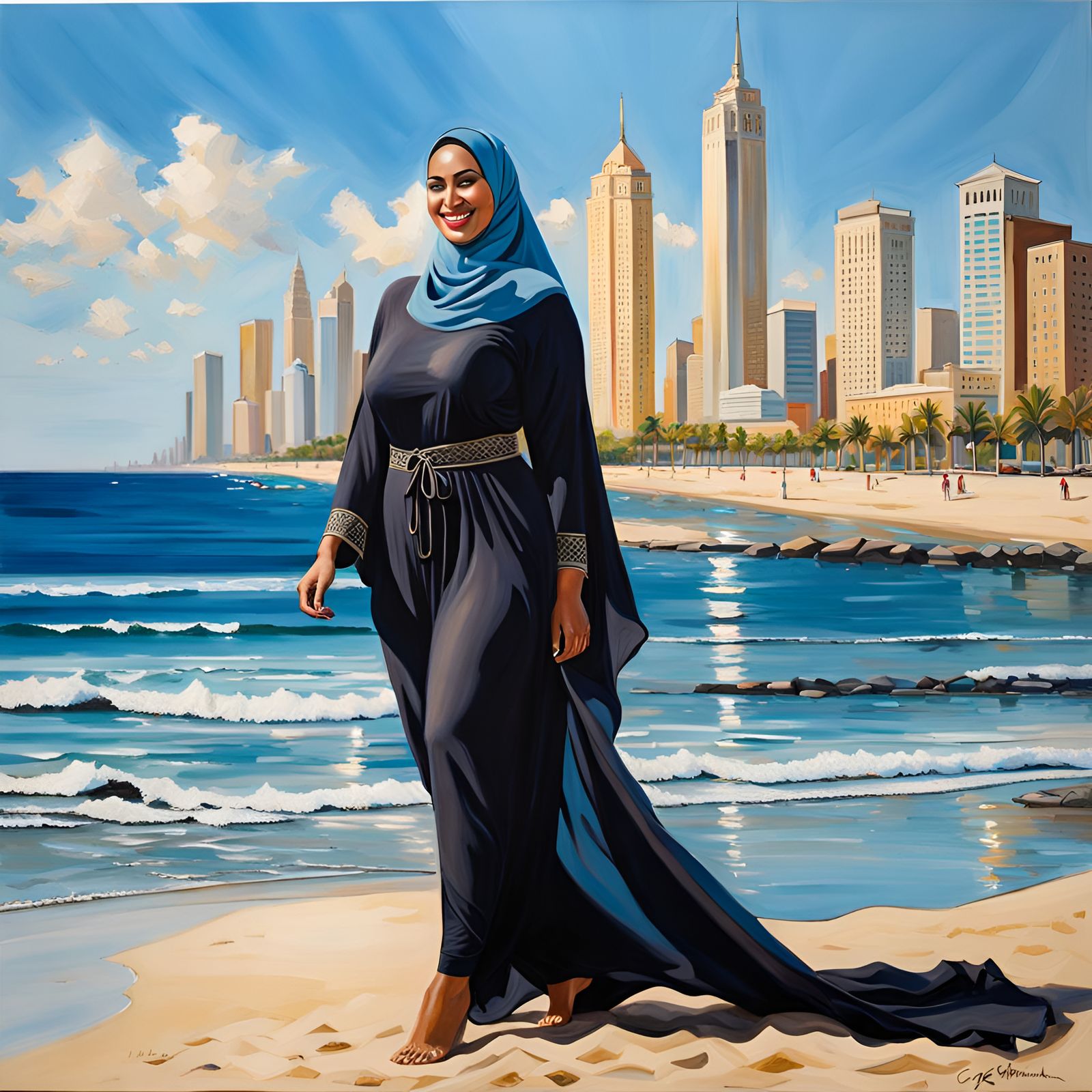Elegant Hijabi Woman in Burkini at Beach