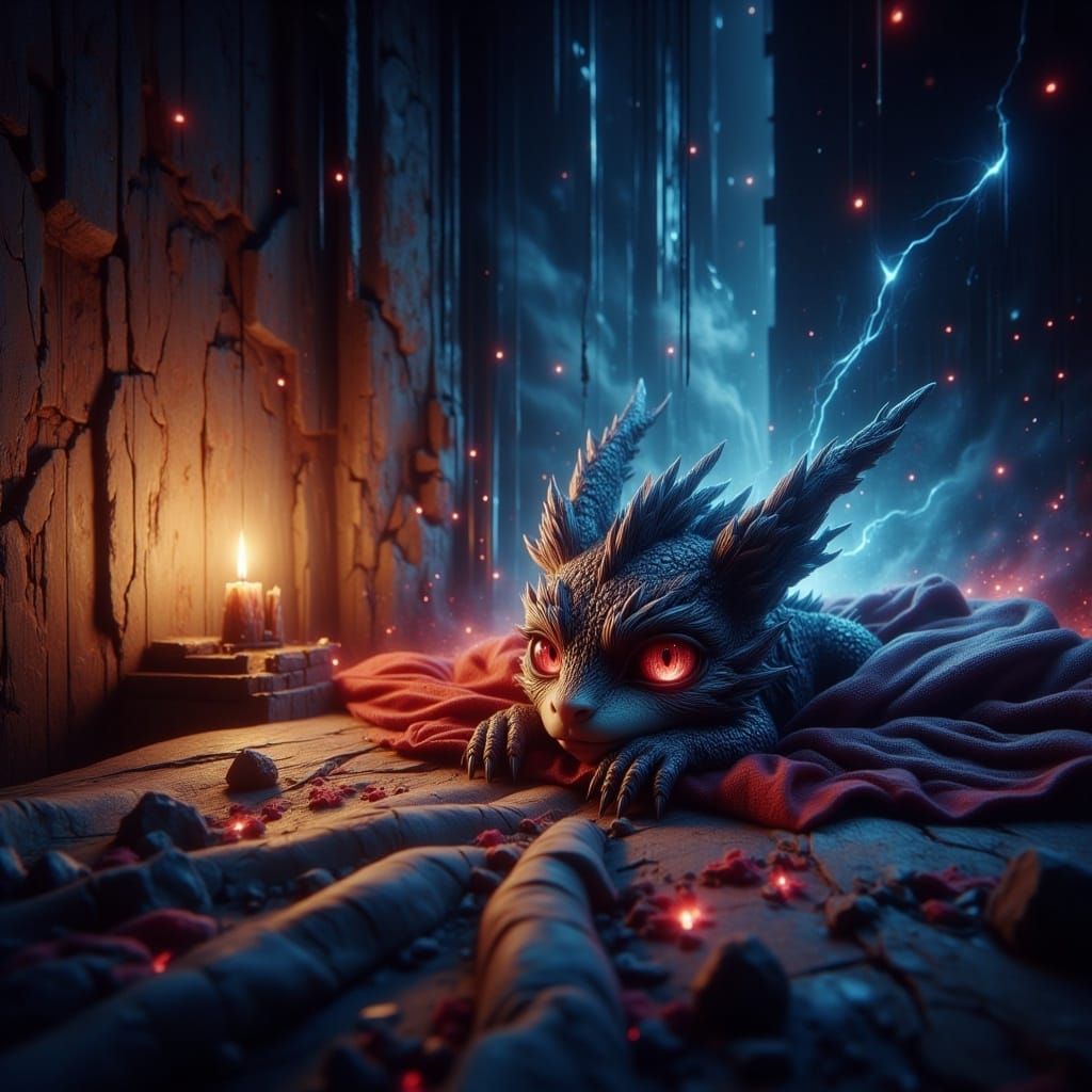 Terrified Chibi Dragon in Dark Room