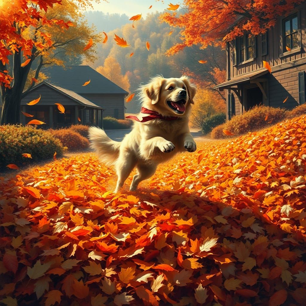 Golden Retriever's Autumn Leap: Nostalgic Illustration