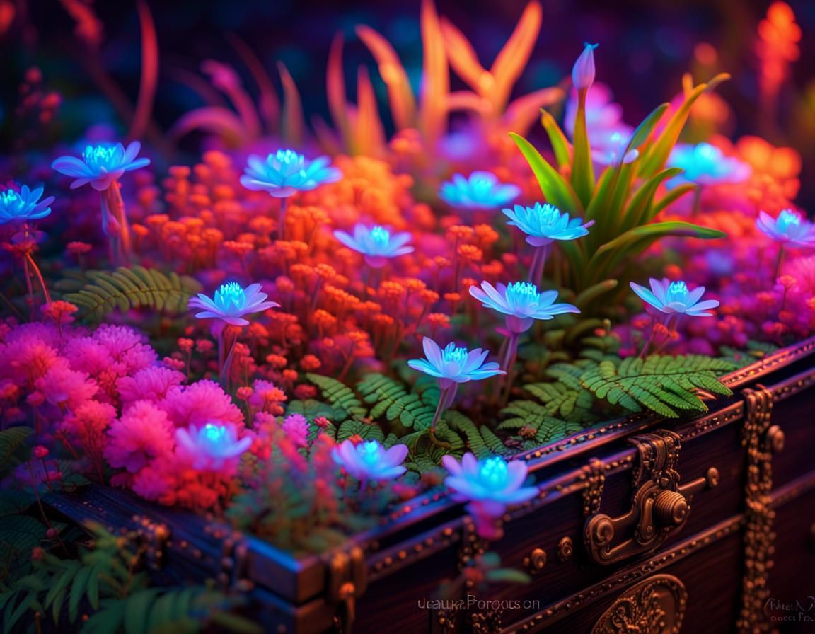 Baroque Pirate Chest in Neon Garden: 3D Optical Fiber Art