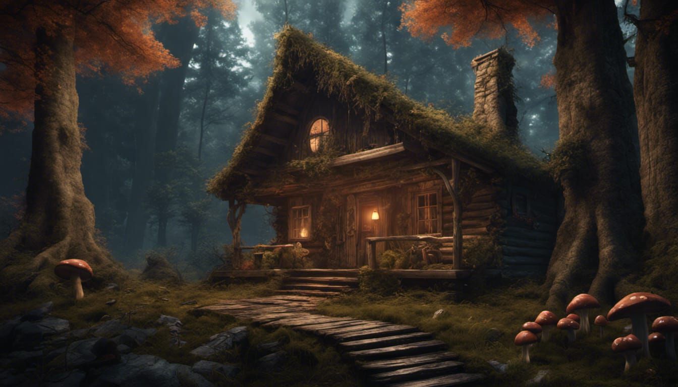 Haunted Cabin in Forest with Pug: Matte Painting