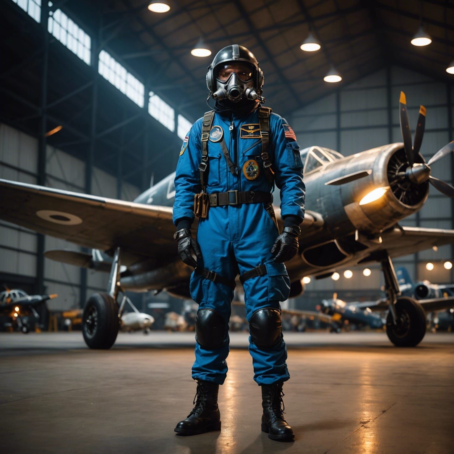 Flea Fighter Pilot in Aircraft Hangar Portrait