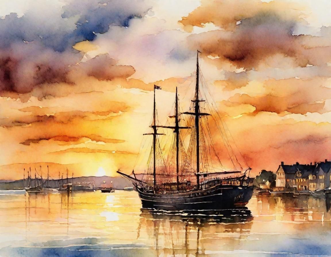 Vintage Ship Arrives Under Warm Sunset Glow