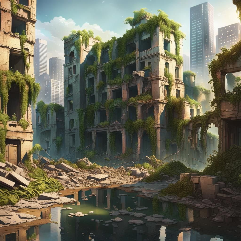 Cityscape Ruins Reclaimed by Nature in Hyperrealism