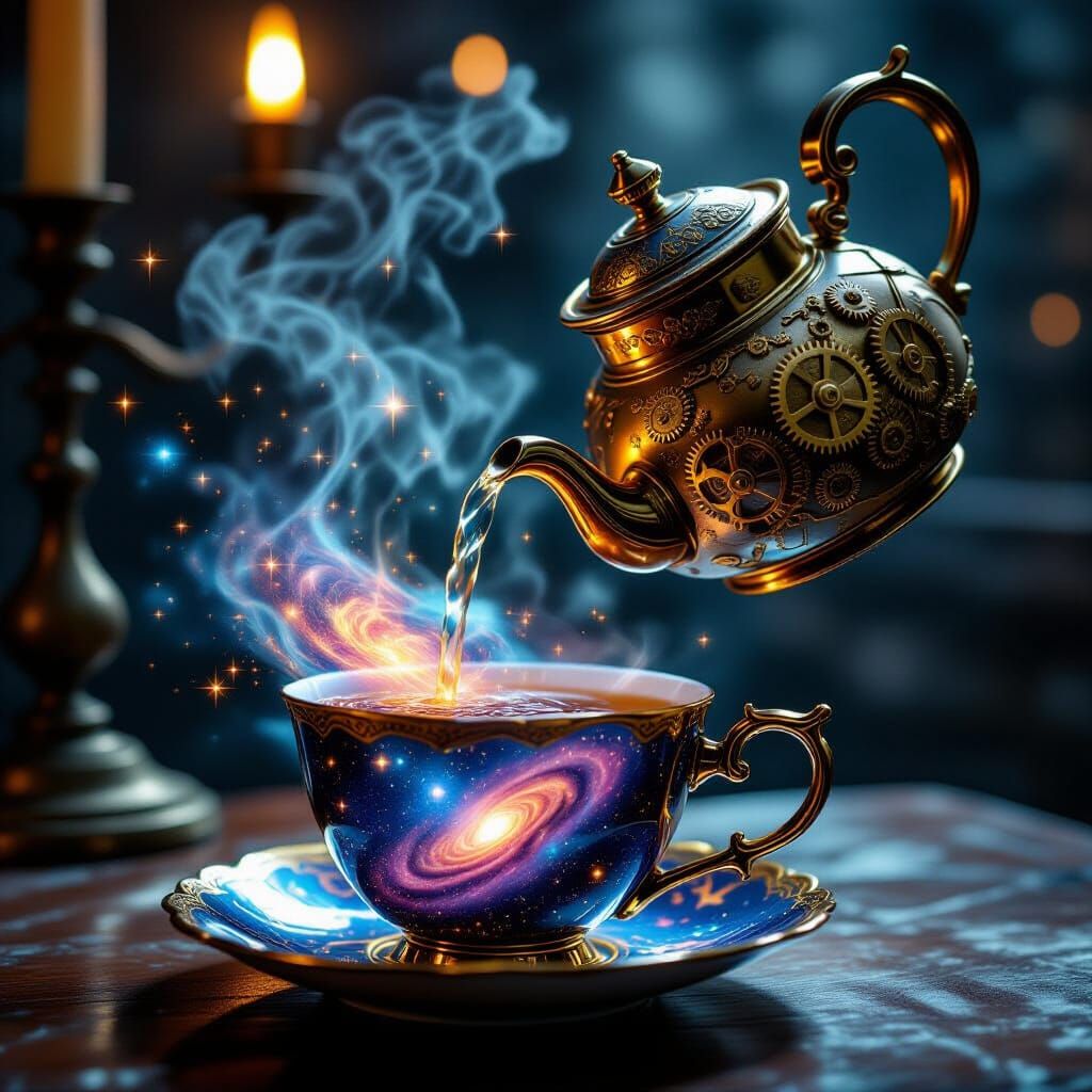 Steampunk Galaxy Teapot Pouring Stars into Cup
