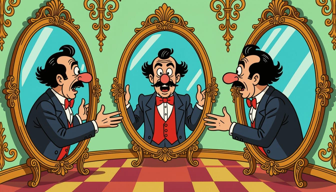 Eccentric Man in Distorted Mirrors Animated Style