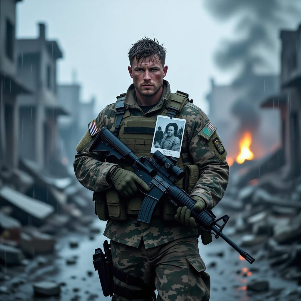 Worn Soldier in War-Torn City, Evokes Sombre Photography