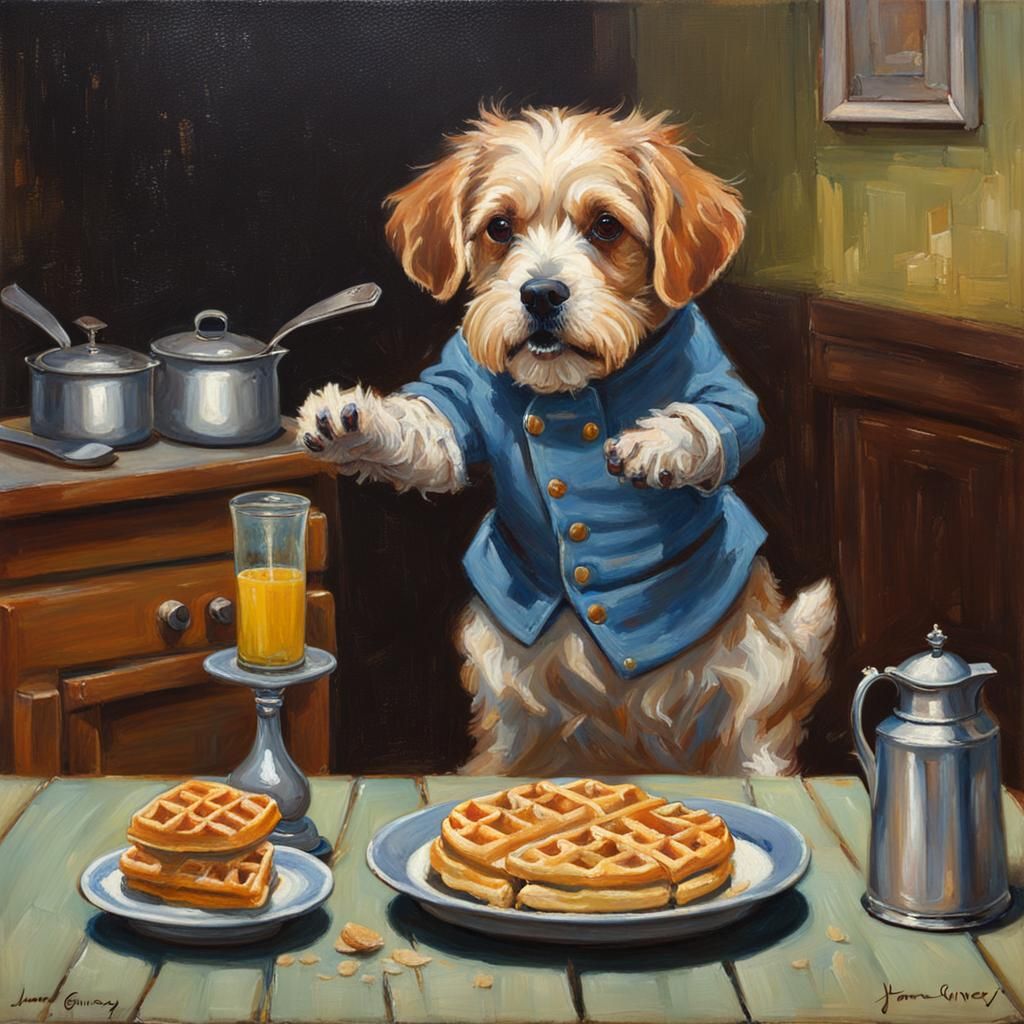 Dog Cooks Waffles: An Oil Painting