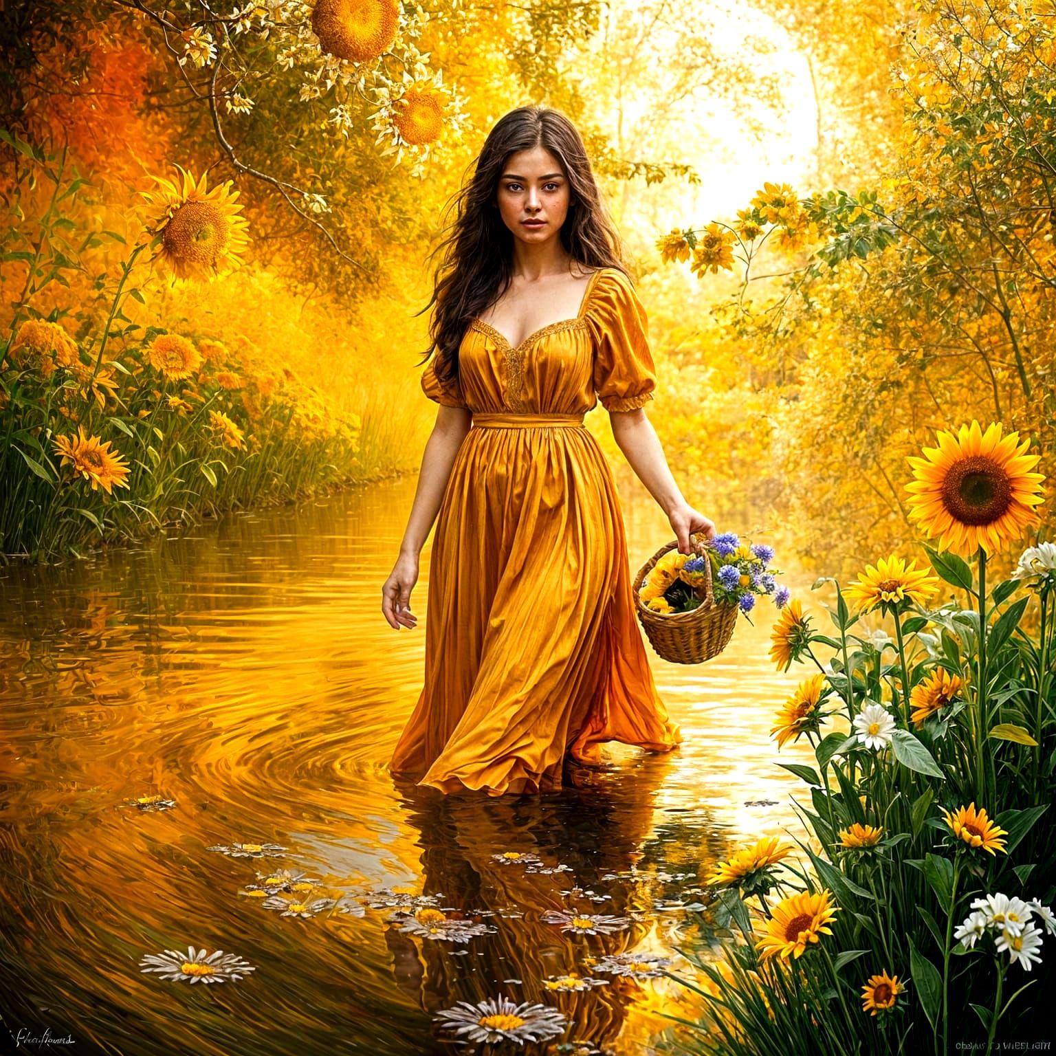 Impressionist Oil Painting of Woman with Sunflowers