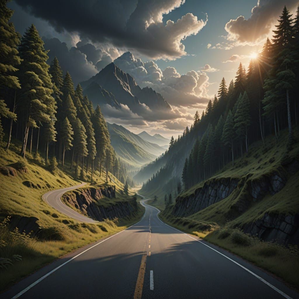 Man on Winding Road to Forest, Looking at Sky