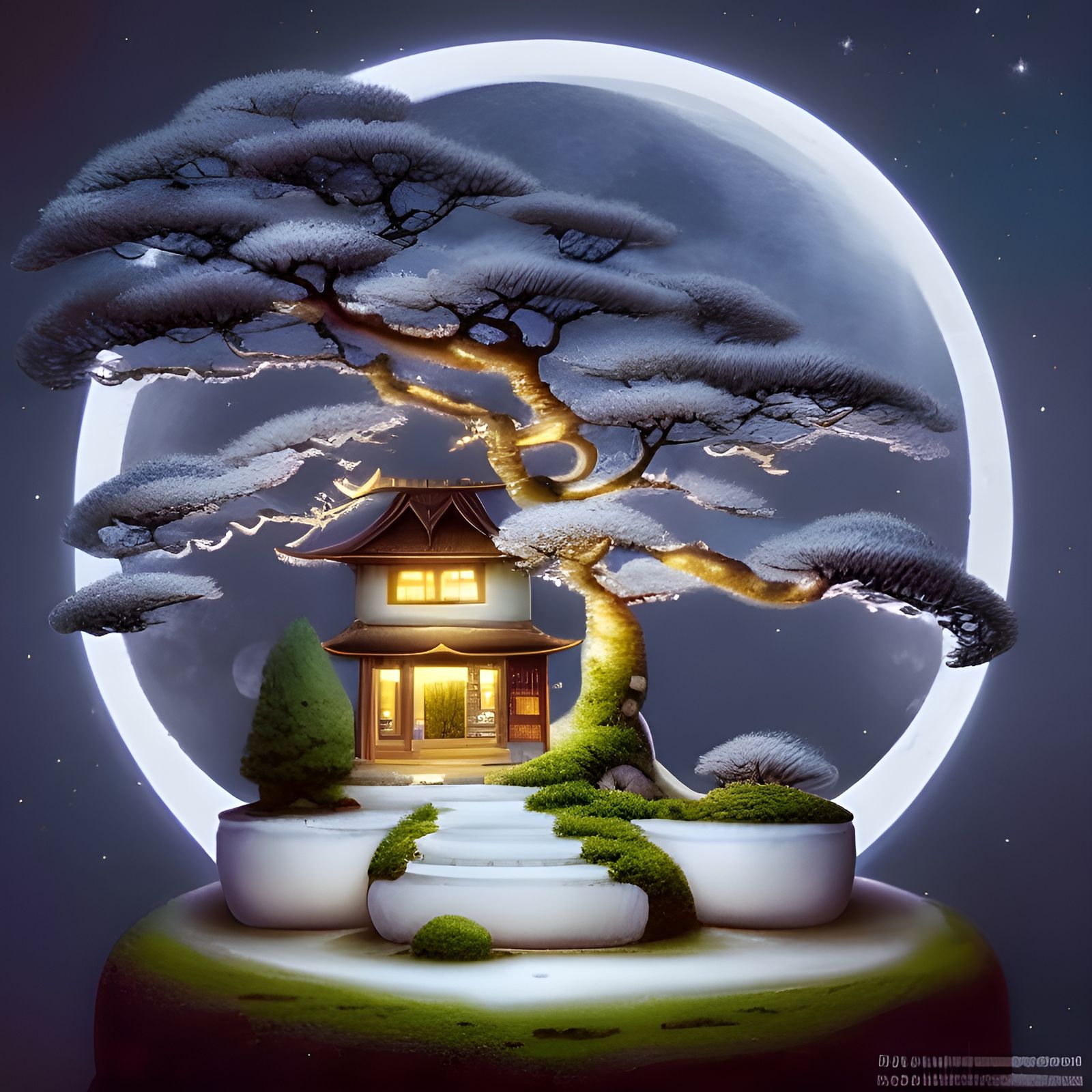 Detailed Bonsai Village Under Moonlight