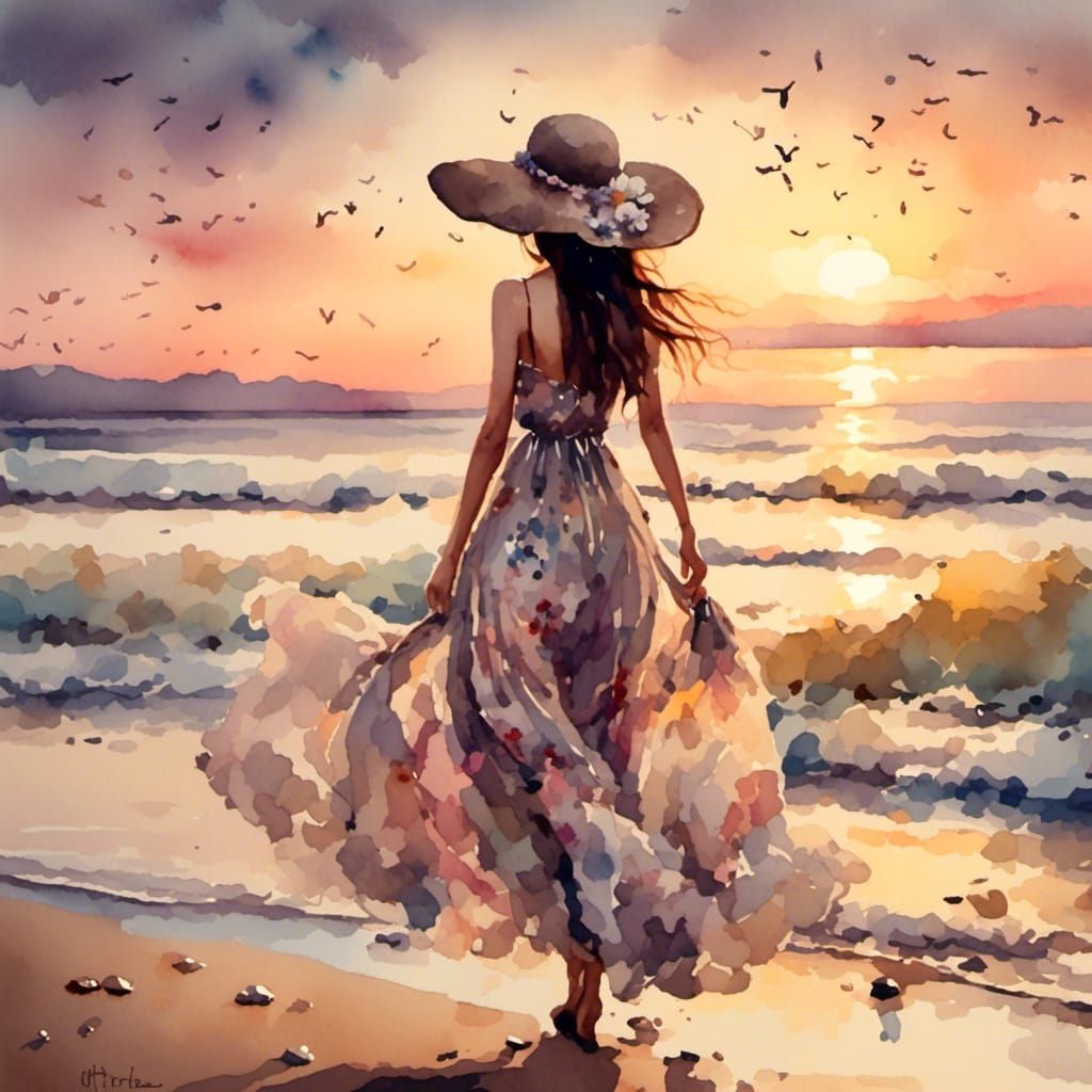 Brunette on Beach at Sunset in Antique Watercolor
