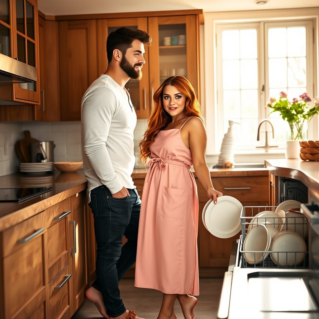 Married Couple in Sunny Kitchen, Art Nouveau Style