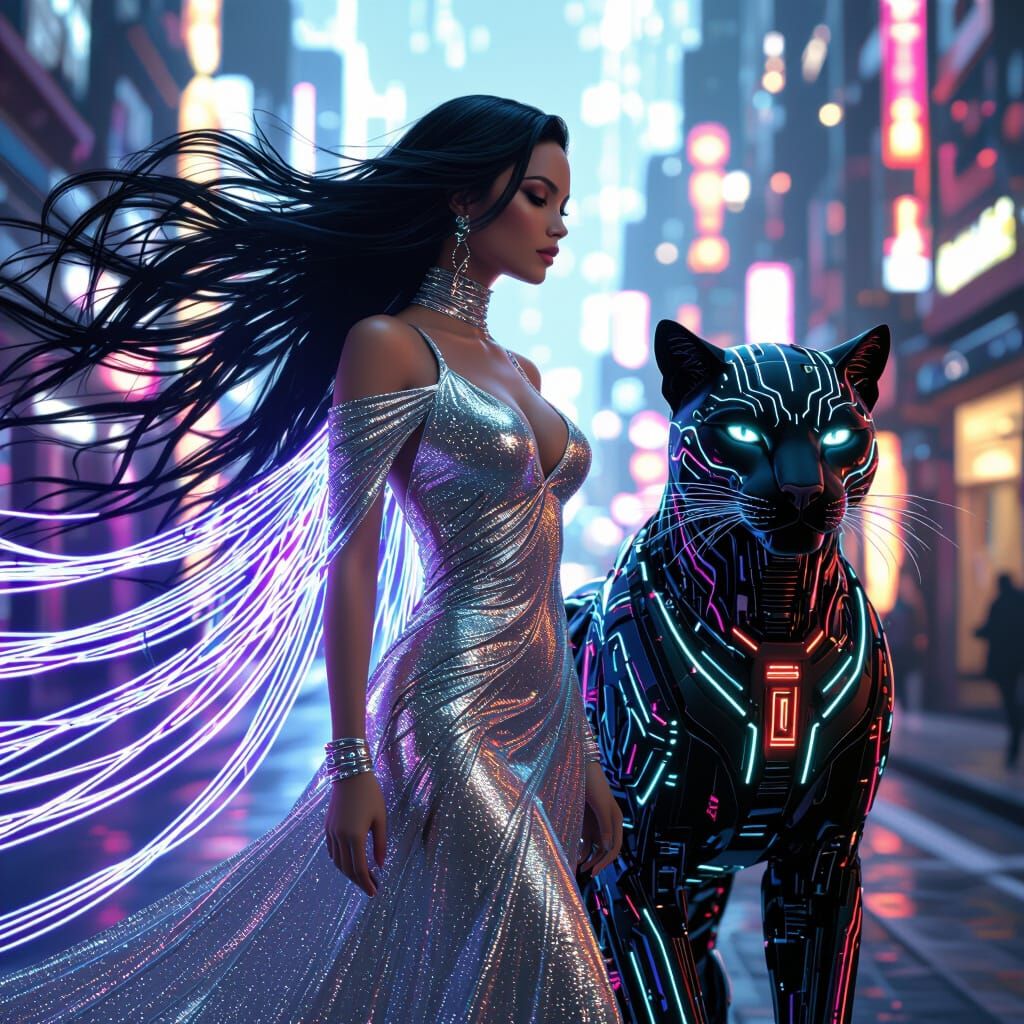Futuristic Woman with Fiber Optic Hair in Neon City