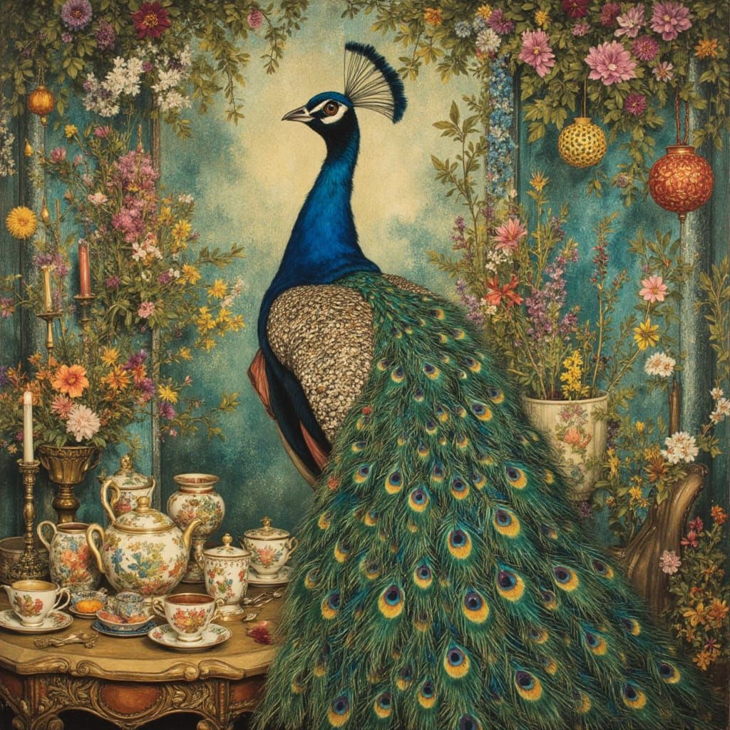 Art Nouveau Peacock in Tea Garden, Klimt & Mucha Style
