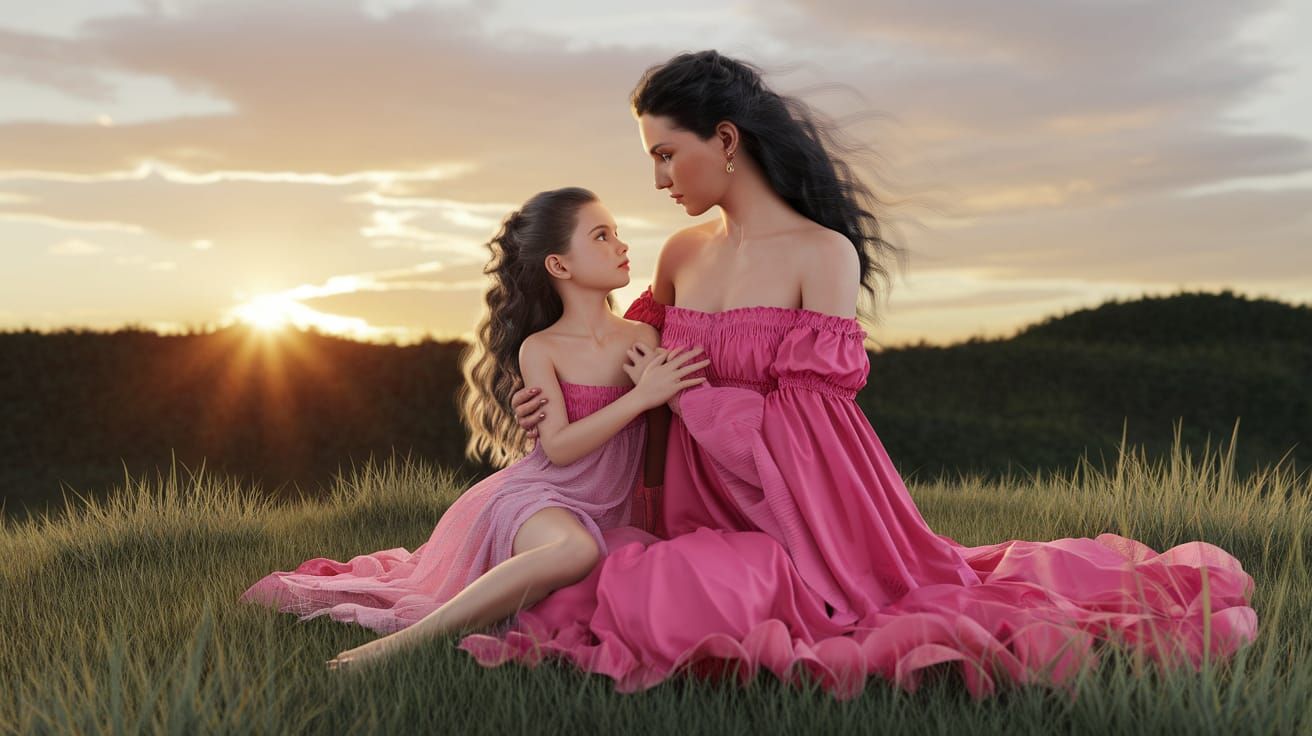 Woman and Girl at Sunset in Art Brut Style