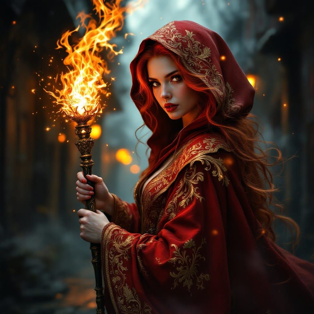 Fiery Redhead Sorceress in Lavish Rococo Robe